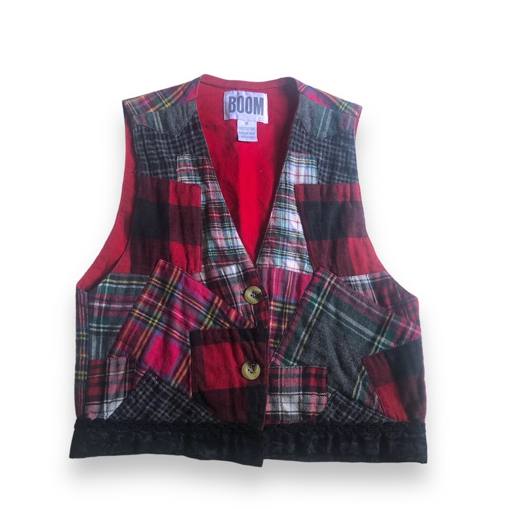 Vintage 90’s Boom Patchwork Flannel Boho Vest Medium
